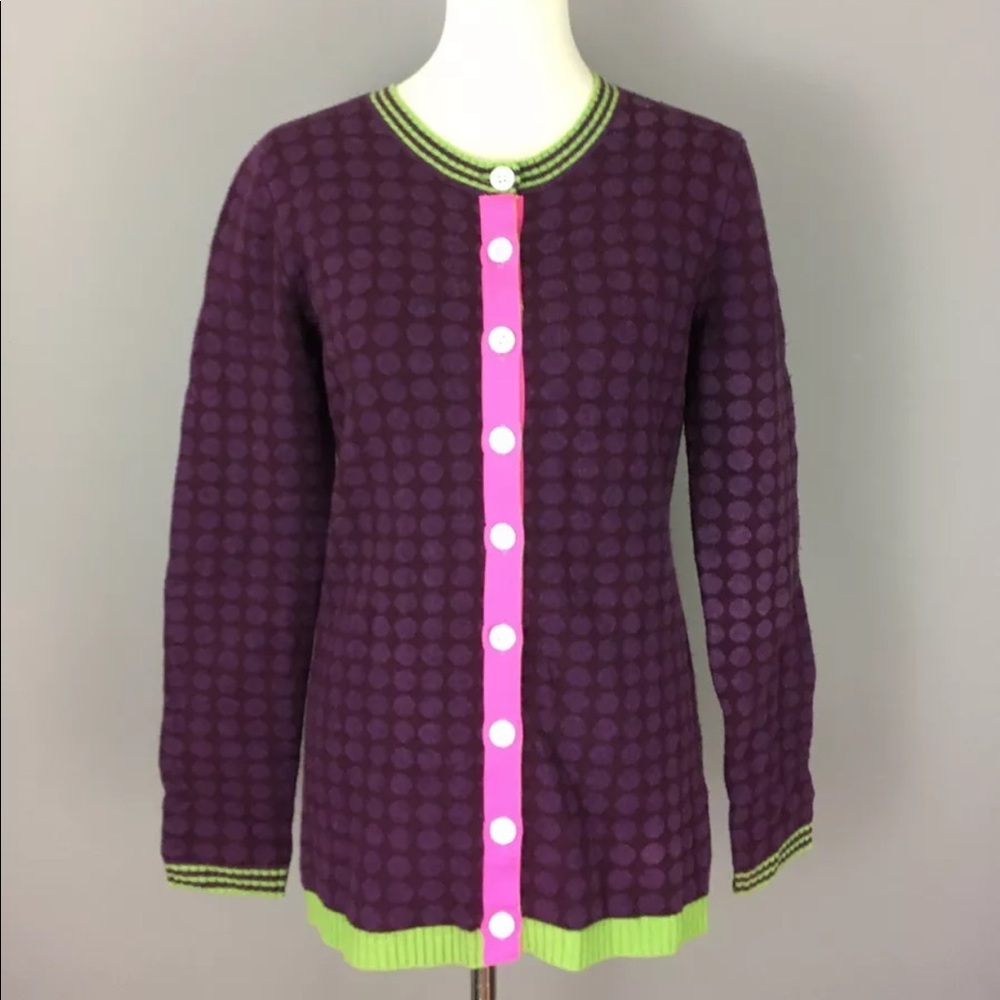 Neve Cardigan Sweater Sz M Purple Polka Dot Green Pink Knit Tunic Buttons Artsy